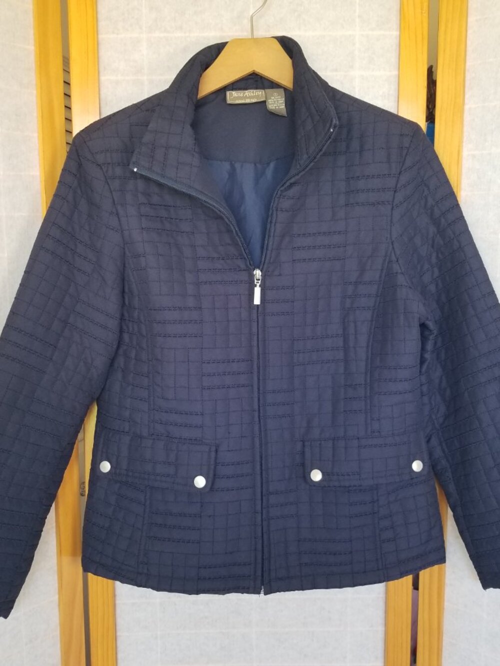 Jane Ashley Jacket Navy Blue Quilted Zip Up Snap Pockets Size Small